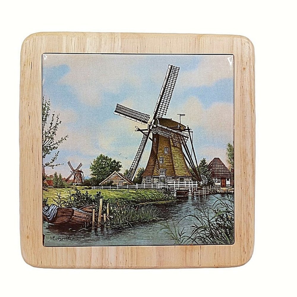 Vintage Dutch Tile Wall Hanging Ter Steege BV Holland Windmills Netherlands 6"